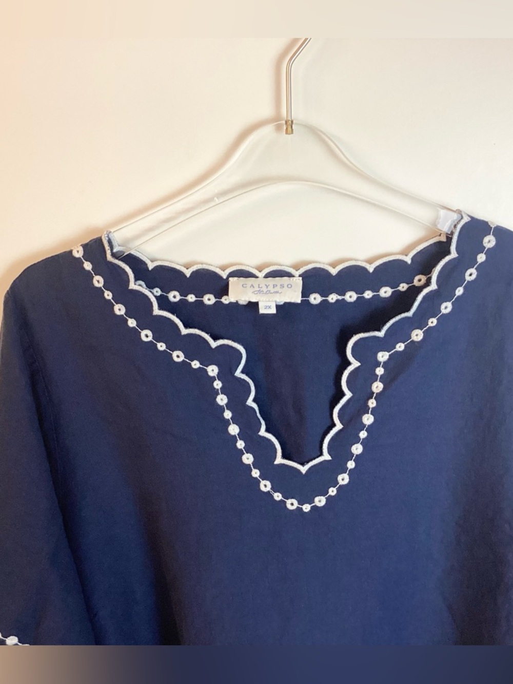 Calypso St. Barth Linen Blend Embroidered Tunic with Scalloped Trim - Blue - 2X - Picture 2 of 9